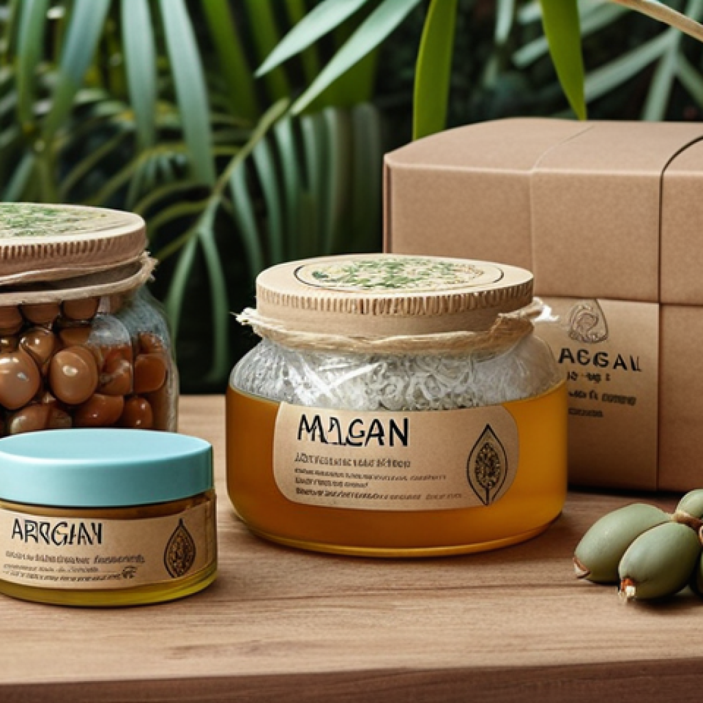 ** A beautifully arranged natural skincare set, with focus on ingredients like argan oil, and sustainable packaging like glass jars and recycled paper. Consider a background with local Malaysian flora.

**