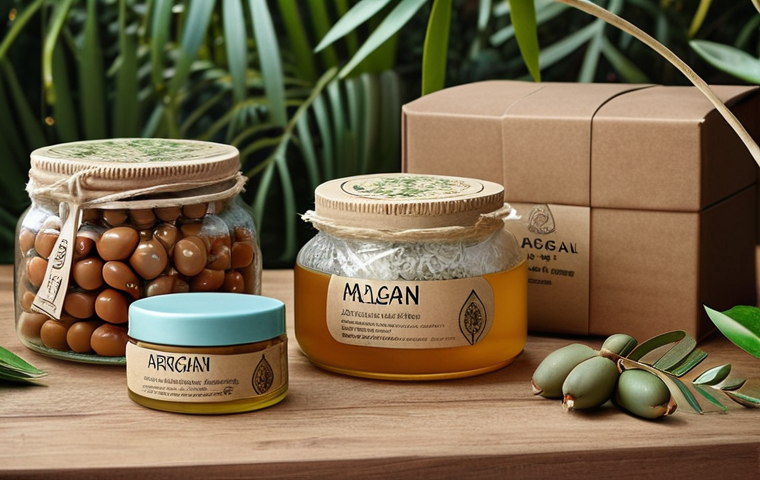 ** A beautifully arranged natural skincare set, with focus on ingredients like argan oil, and sustainable packaging like glass jars and recycled paper. Consider a background with local Malaysian flora.
**
