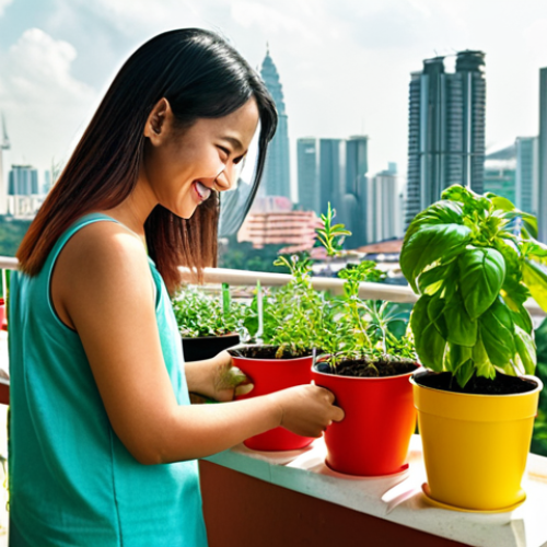 **Image Prompt:** A balcony garden in Malaysia, featuring a variety of herbs (basil, mint, rosemary) in colorful recycled pots. A young Malay woman is tending to the plants, smiling, with the Kuala Lumpur skyline visible in the background. Sunlight filtering through creates a warm, inviting atmosphere.