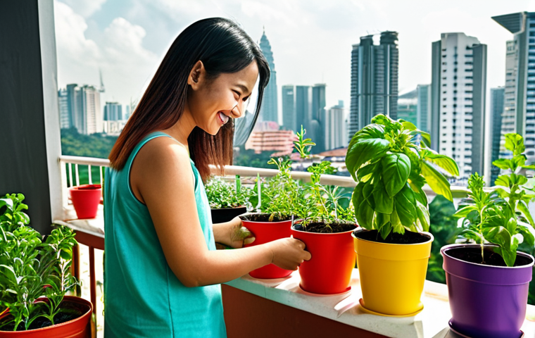 **Image Prompt:** A balcony garden in Malaysia, featuring a variety of herbs (basil, mint, rosemary) in colorful recycled pots. A young Malay woman is tending to the plants, smiling, with the Kuala Lumpur skyline visible in the background. Sunlight filtering through creates a warm, inviting atmosphere.